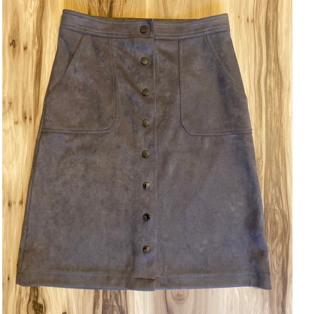 Tahari Grey Faux Suede Button Front A-Line Skirt Women Small Pockets Stretch
